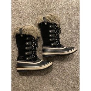 Sorel Women's Winter Snow Boots Joan Of Artic Faux Fur Black Grey Suede US 7